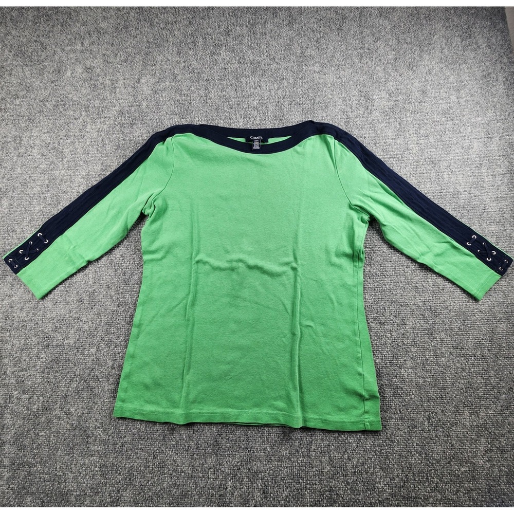 Chaps Womens Green Navy Blue Contrast Lace Up Cuff Boat Neck Top 3/4 Sleeve L